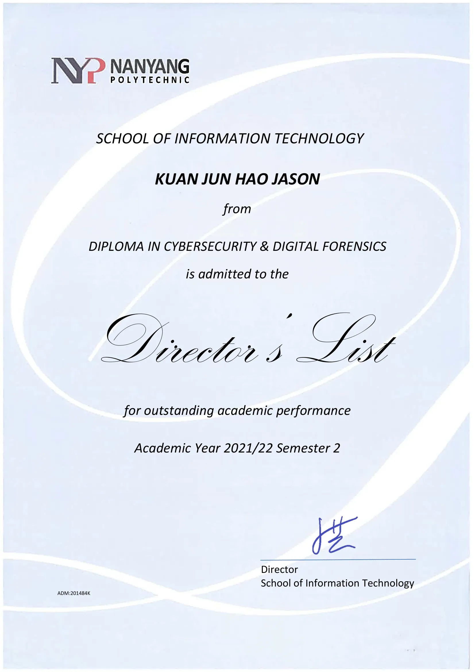 Year 1 Semester 2 Director's List Award Certificate