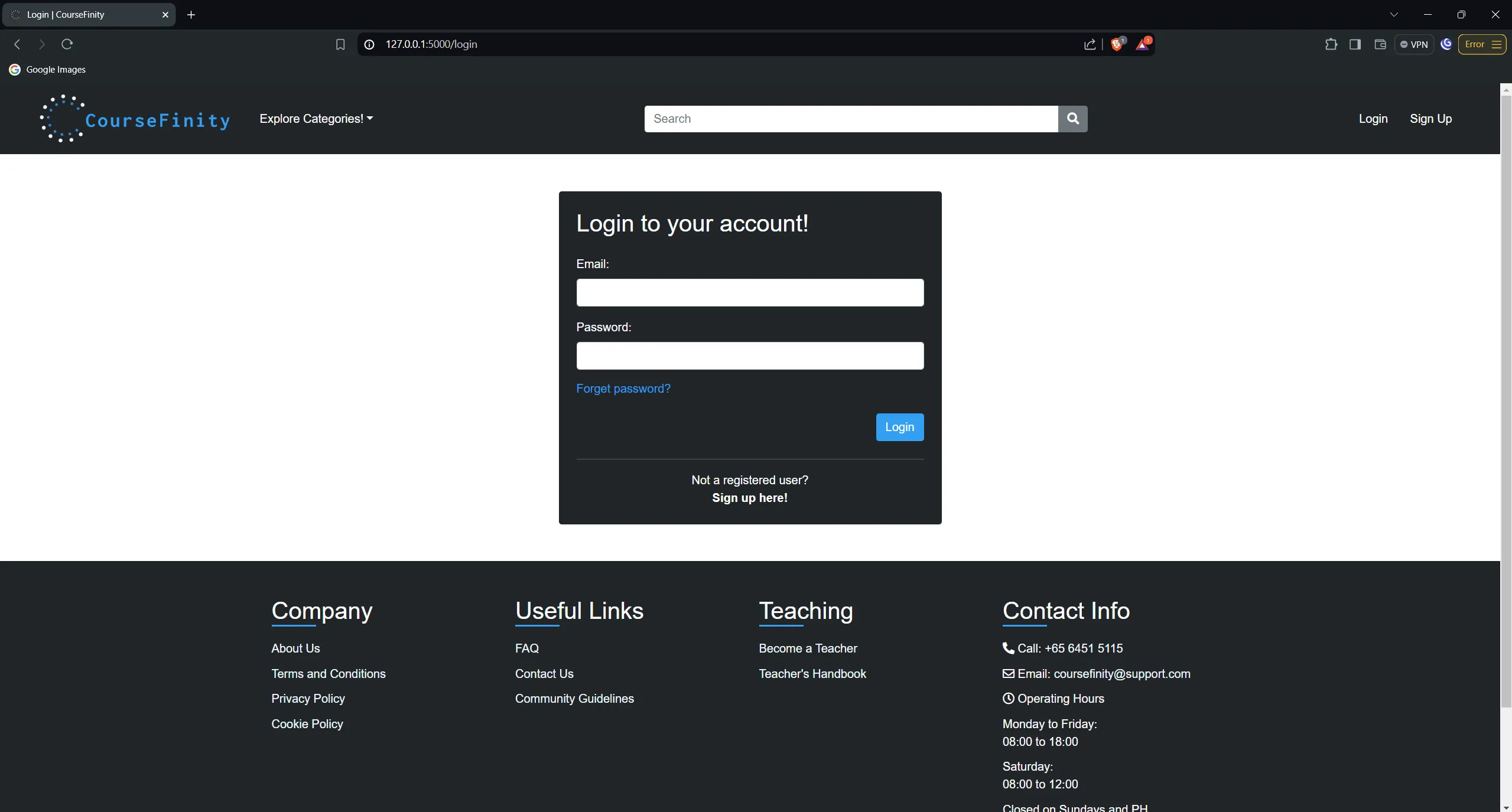 Screenshot of the login page of the CourseFinity Web App