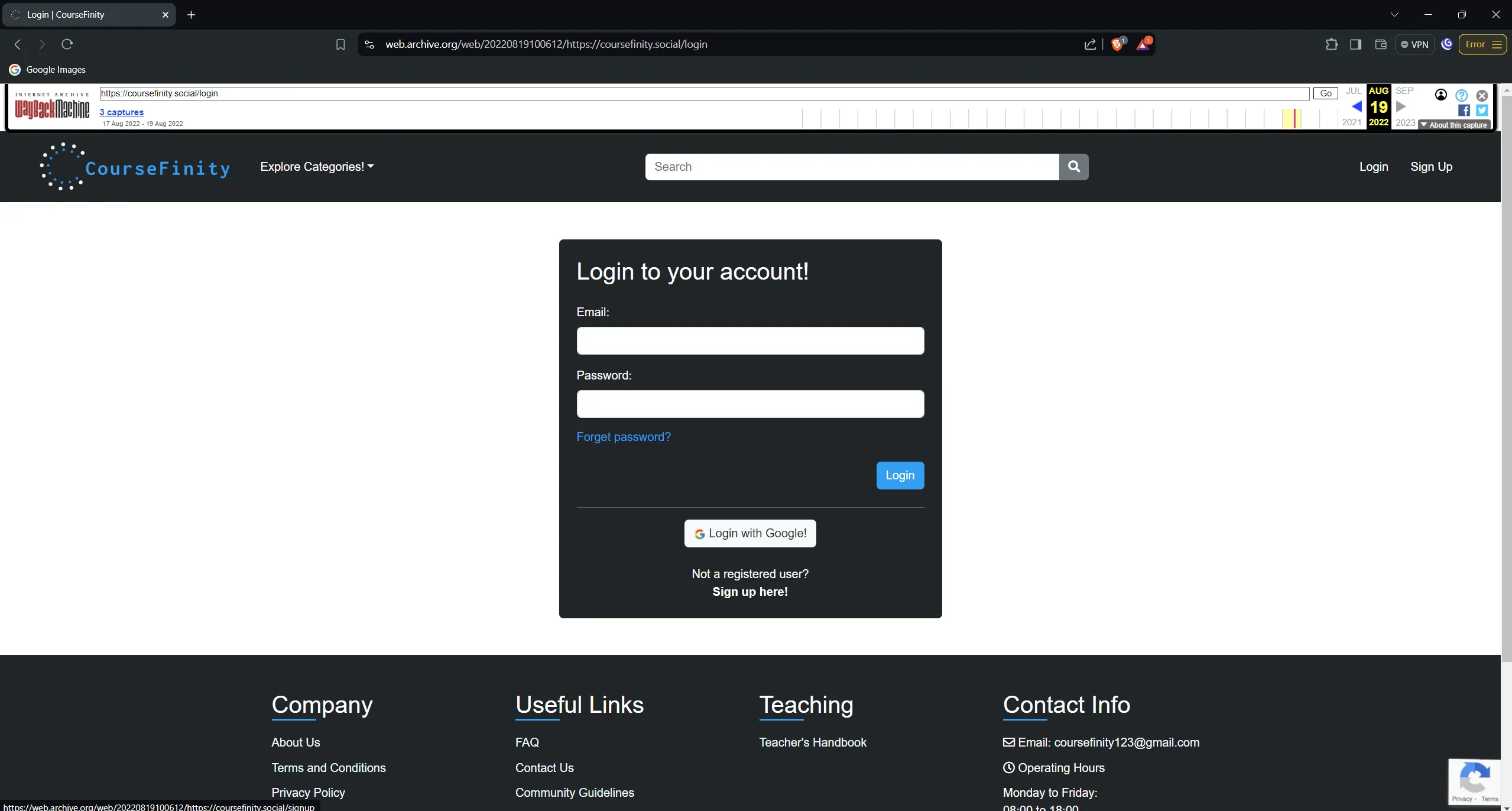 Screenshot of the login page of the CourseFinity Web App