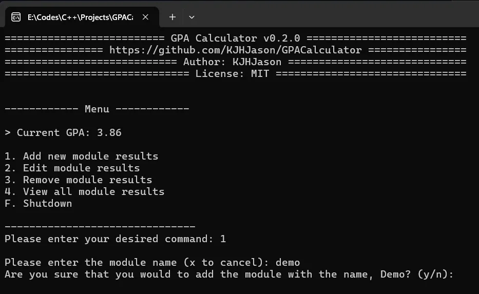 Screenshot of the CLI-based program