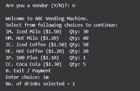 Screenshot of the CLI-based vending machine program